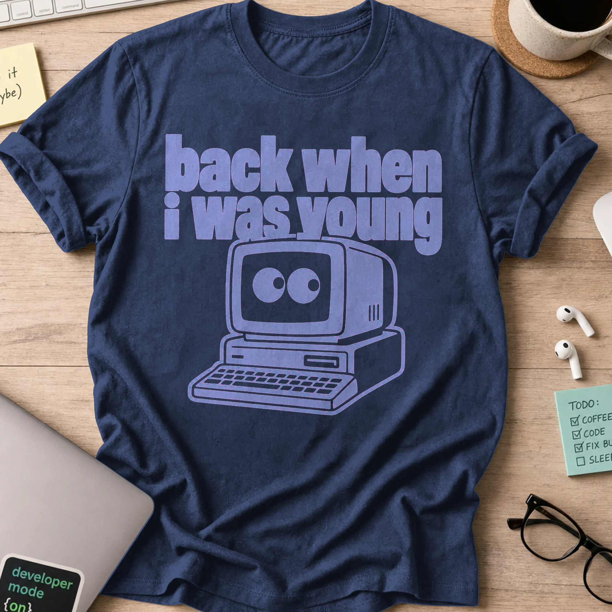 Back When I Was Young Retro Computer Shirt — Navy storefront mockup