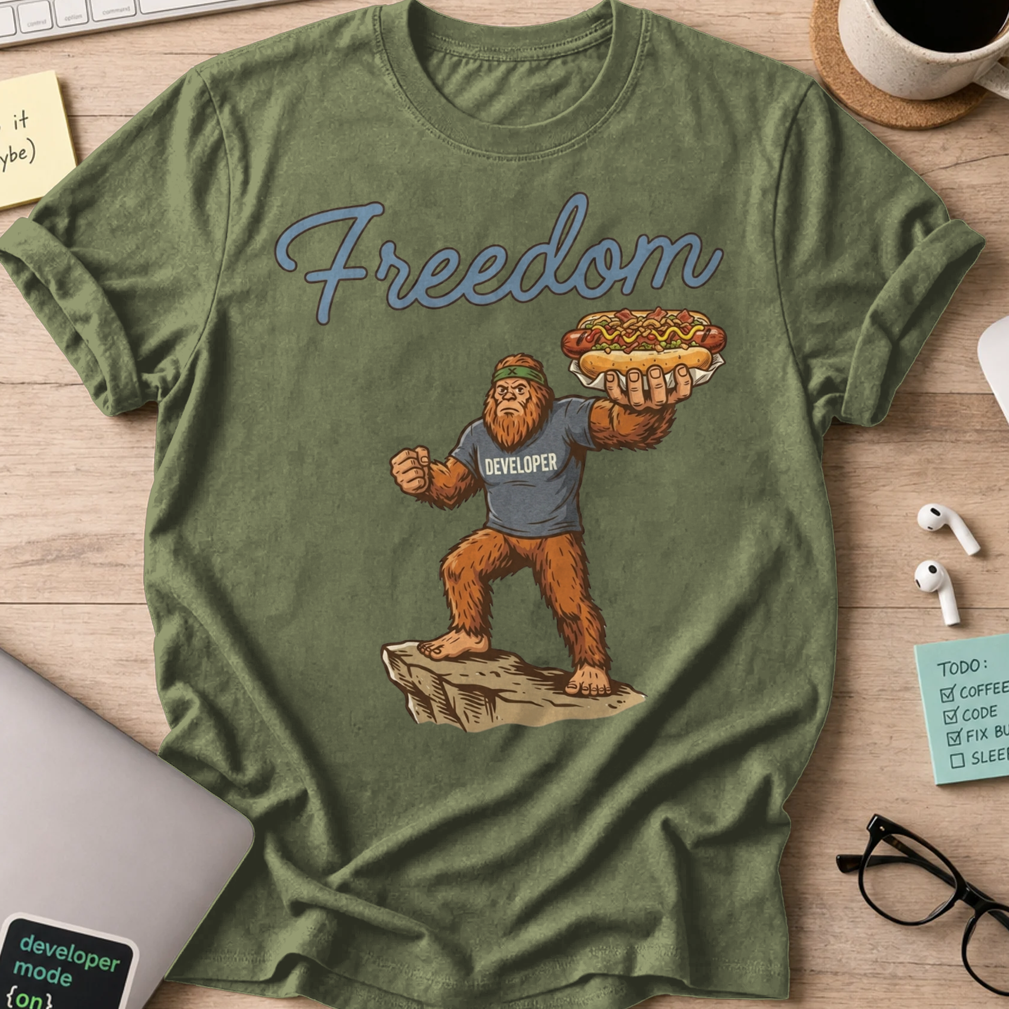 Freedom Bigfoot Hot Dog Shirt - Military Green