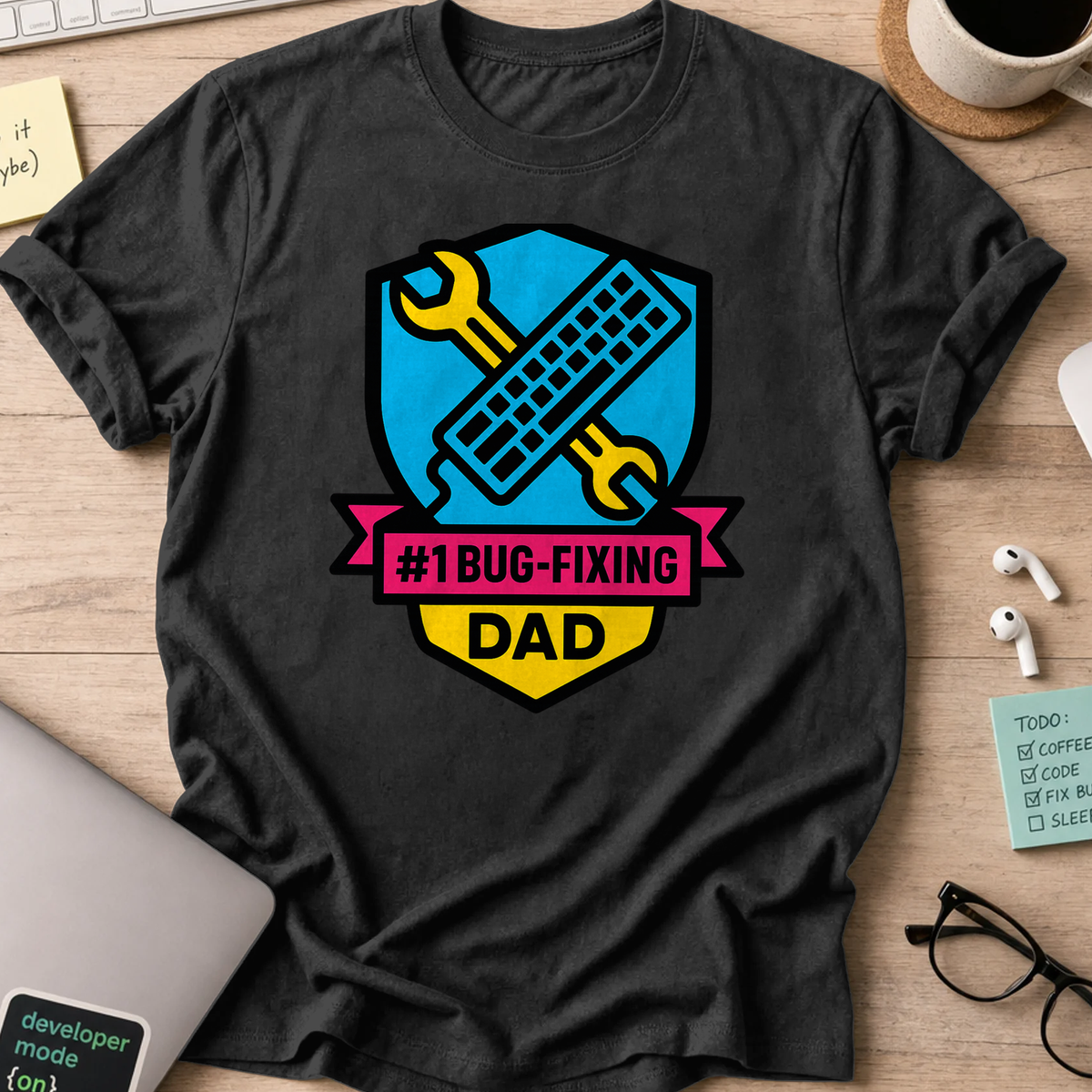 Black programmer shirt printed with "#1 bug fixing dad", a funny developer t-shirt and gift for the programmer dad in your life.