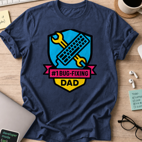 Navy programmer shirt printed with "#1 bug fixing dad", a funny developer t-shirt and gift for the programmer dad in your life.
