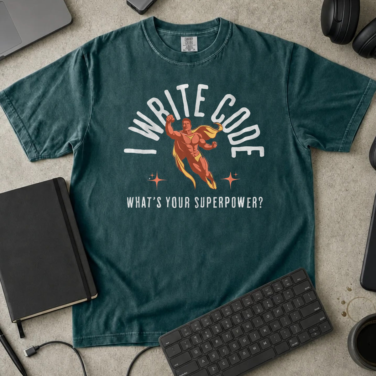 I Write Code What's Your Superpower Shirt in Blue Spruce, Comfort Colors 1717 tee flat lay