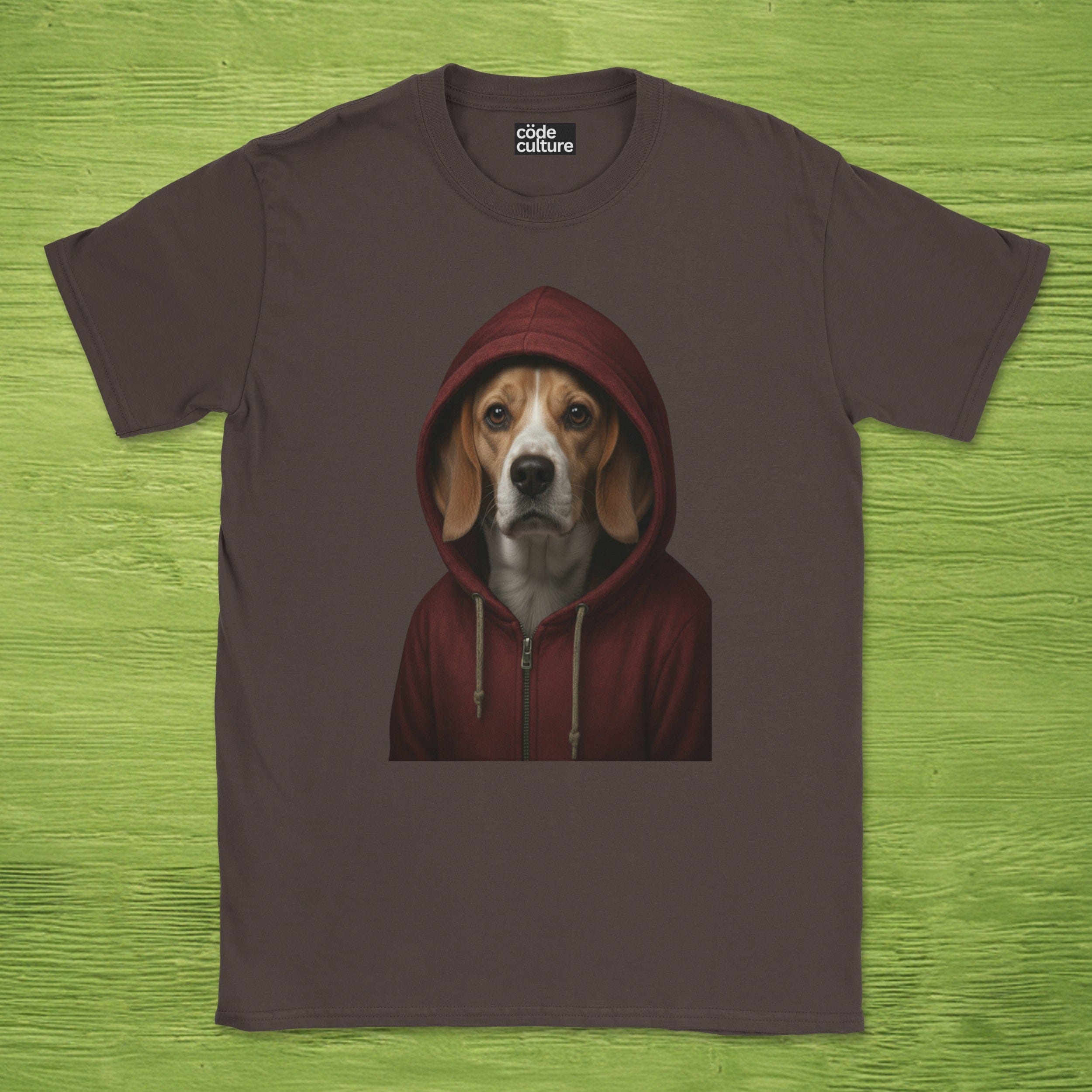 Code Culture dog in hoodie shirt funny programmer T-Shirt in Dark Chocolate — Code Culture developer clothing