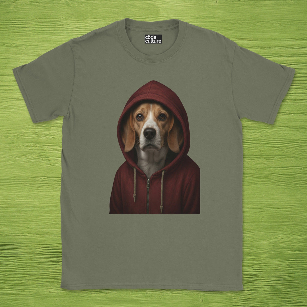 Code Culture dog in hoodie shirt funny programmer T-Shirt in Military Green — Code Culture developer clothing