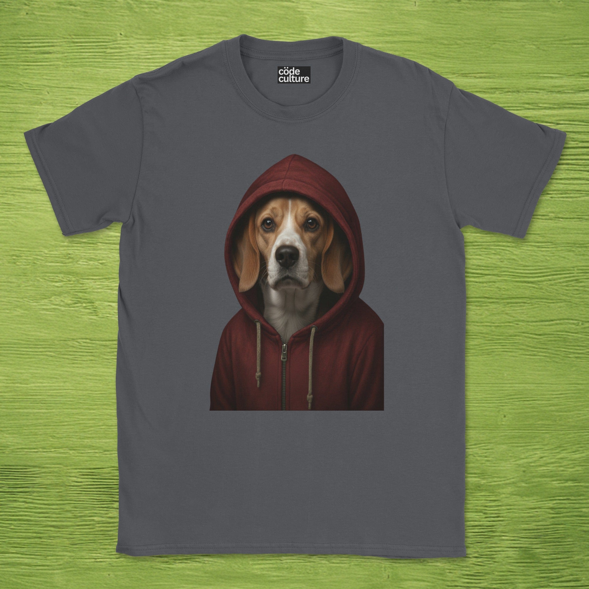 Code Culture dog in hoodie shirt funny programmer T-Shirt in Dark Heather Grey — Code Culture developer clothing