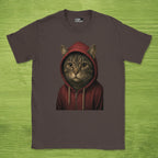 Code Culture cat in hoodie shirt funny programmer T-Shirt in Dark Chocolate — Code Culture developer clothing