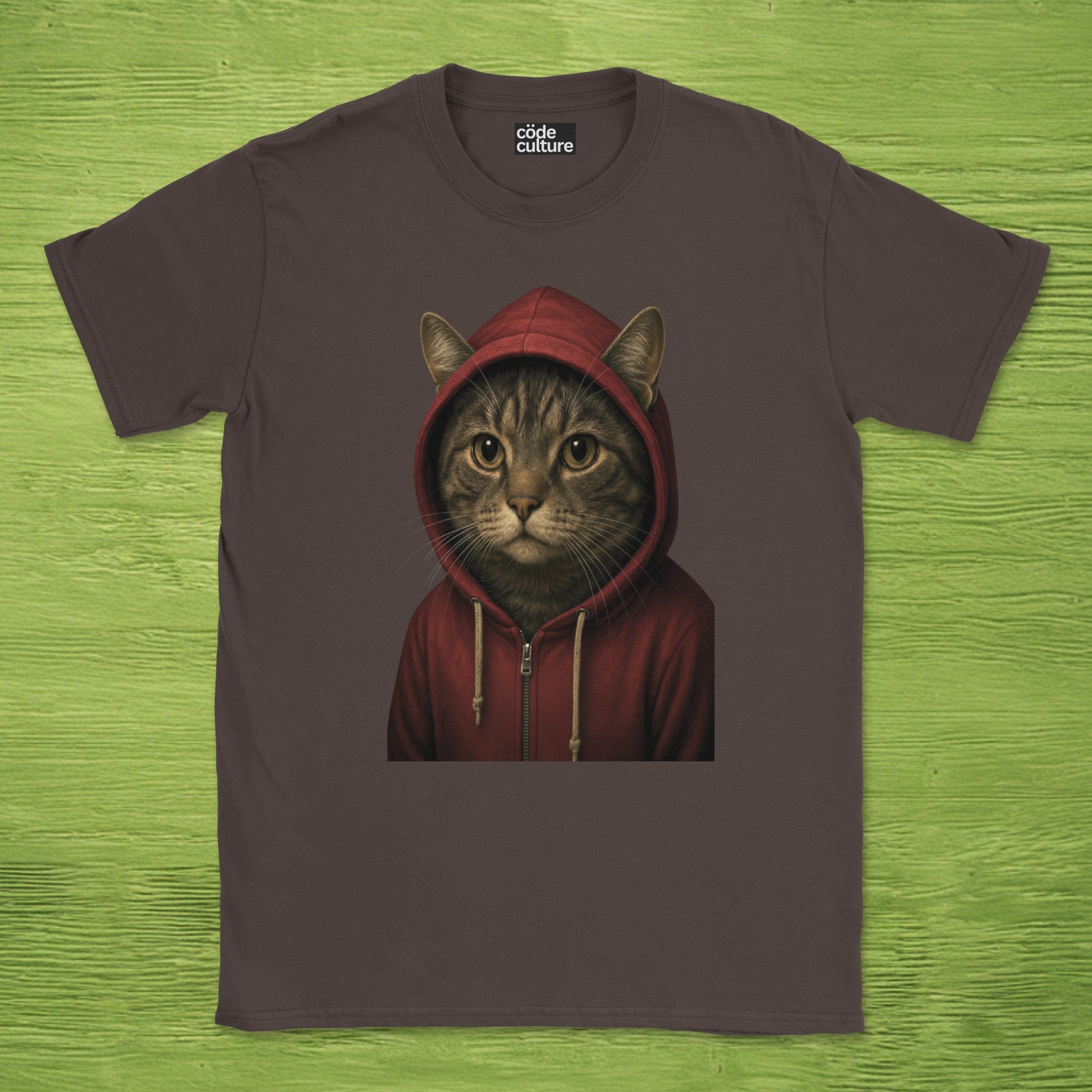 Code Culture cat in hoodie shirt funny programmer T-Shirt in Dark Chocolate — Code Culture developer clothing