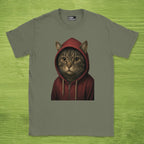 Code Culture cat in hoodie shirt funny programmer T-Shirt in Military Green — Code Culture developer clothing