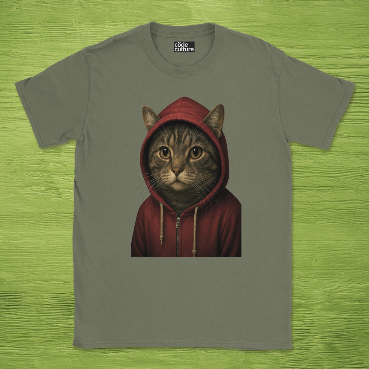 Code Culture cat in hoodie shirt funny programmer T-Shirt in Military Green — Code Culture developer clothing