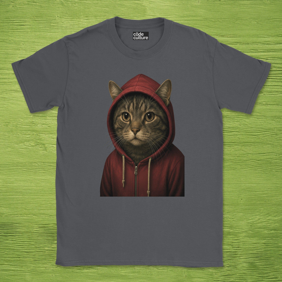 Code Culture cat in hoodie shirt funny programmer T-Shirt in Dark Heather Grey — Code Culture developer clothing
