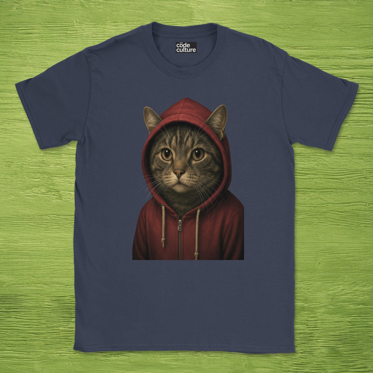 Code Culture cat in hoodie shirt funny programmer T-Shirt in Navy — Code Culture developer clothing