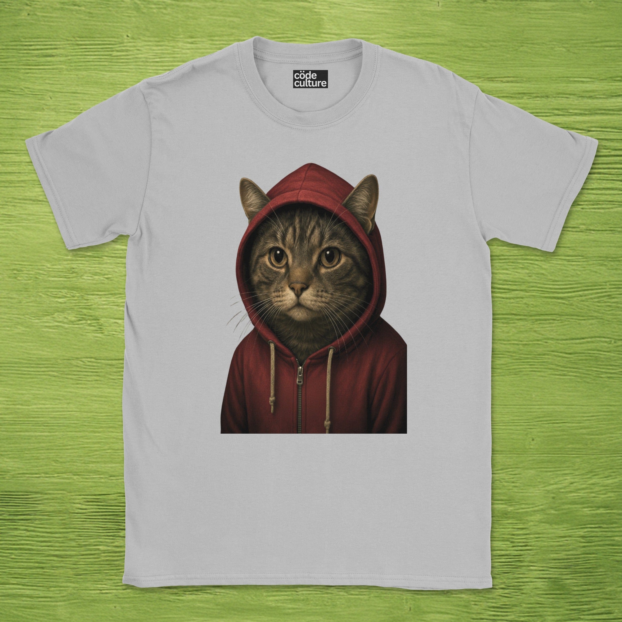 Code Culture cat in hoodie shirt funny programmer T-Shirt in Sport Grey — Code Culture developer clothing
