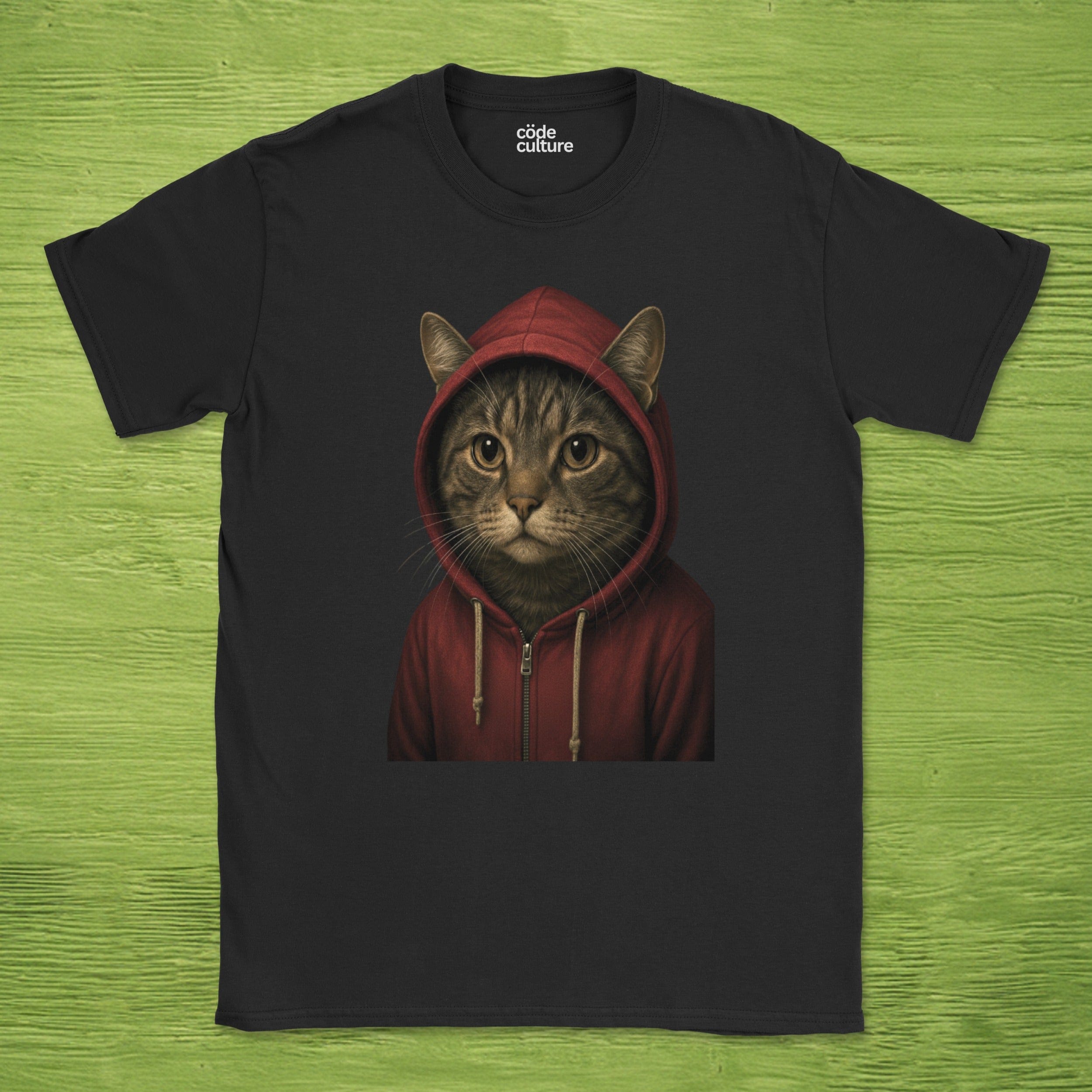 Code Culture cat in hoodie shirt funny programmer T-Shirt in Black — Code Culture developer clothing