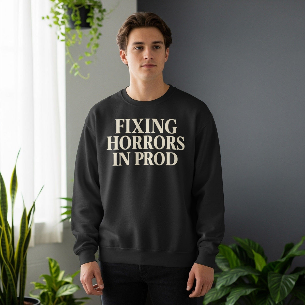 Code Culture fixing horrors in prod sweatshirt funny programmer Sweatshirt in S — Code Culture developer clothing