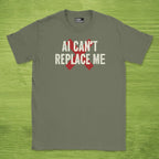 Code Culture ai cant replace me shirt funny programmer T-Shirt in Military Green — Code Culture developer clothing
