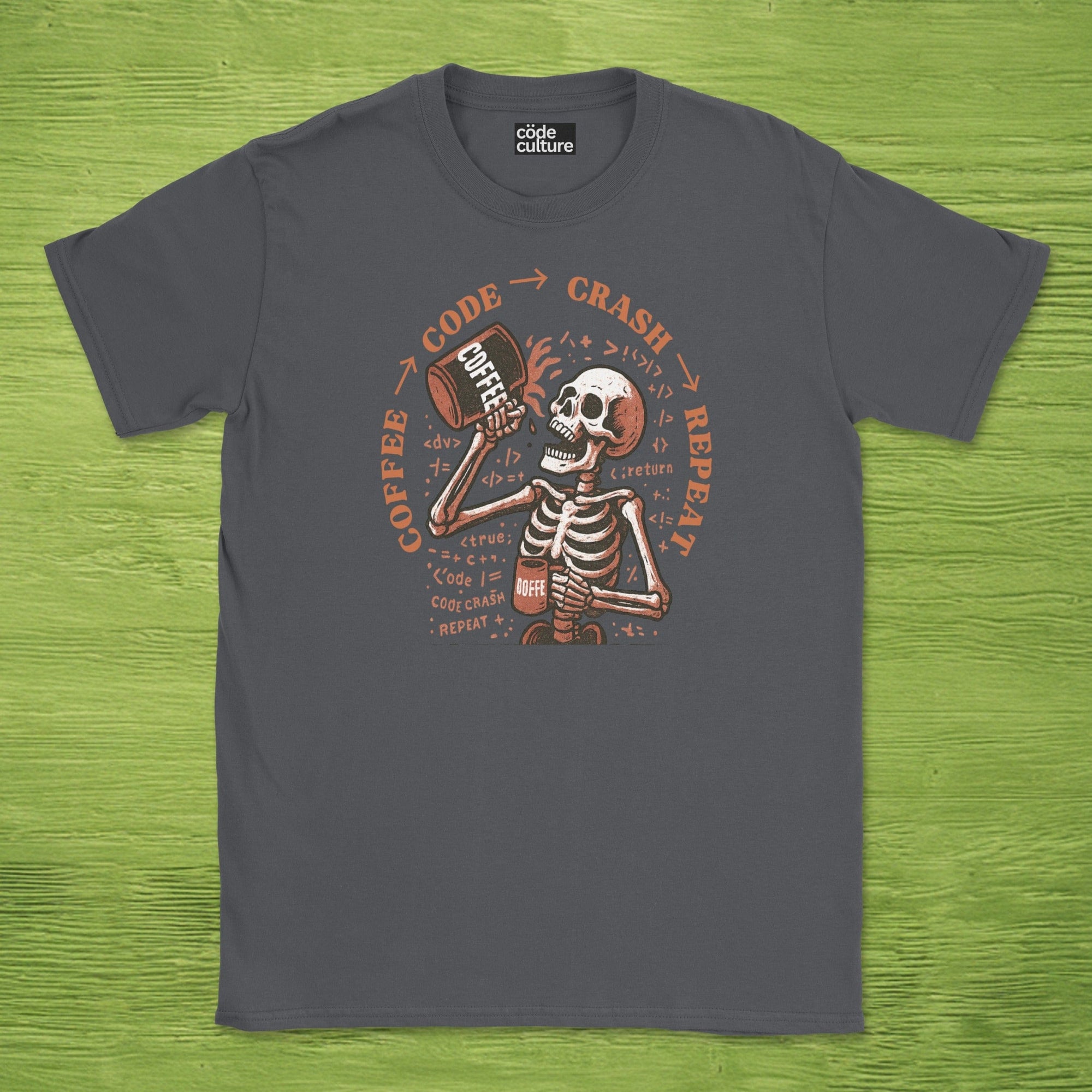 coffee code crash repeat skeleton shirt