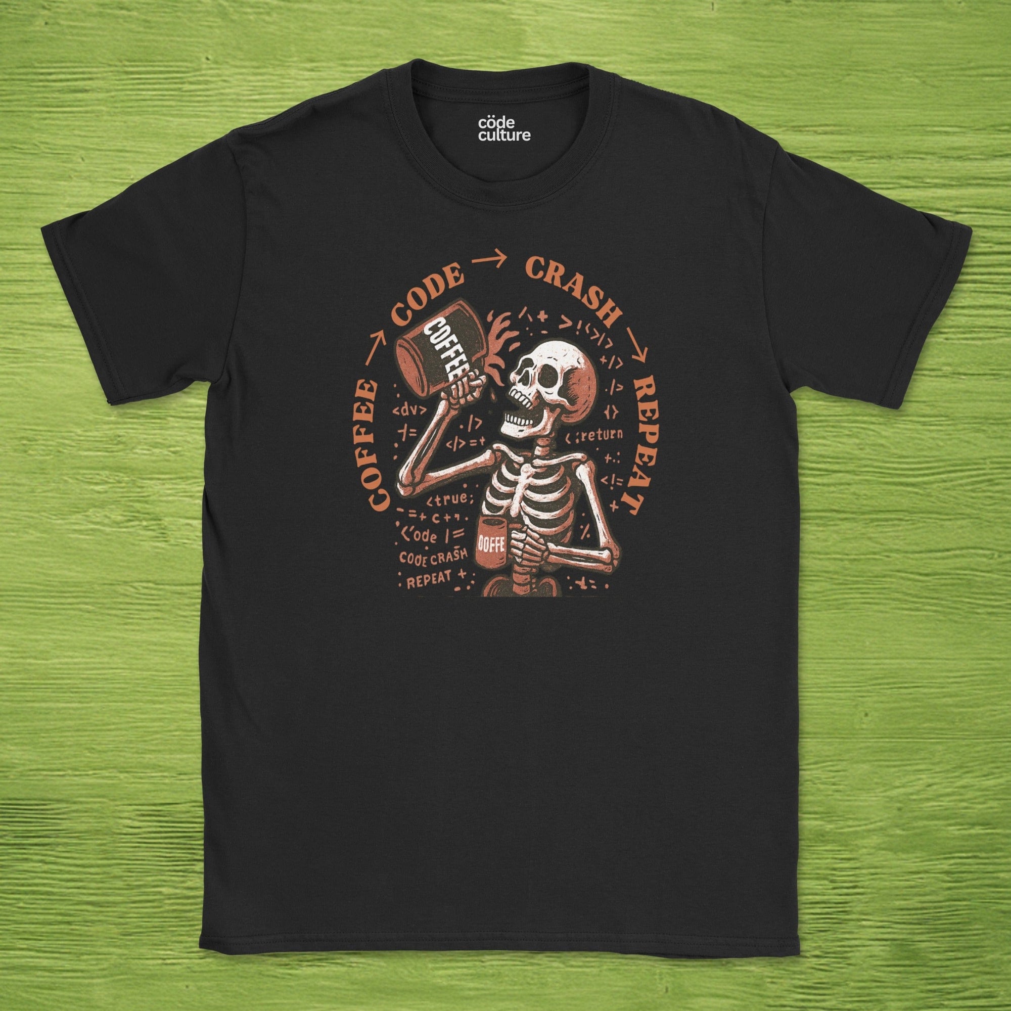 coffee code crash repeat skeleton shirt