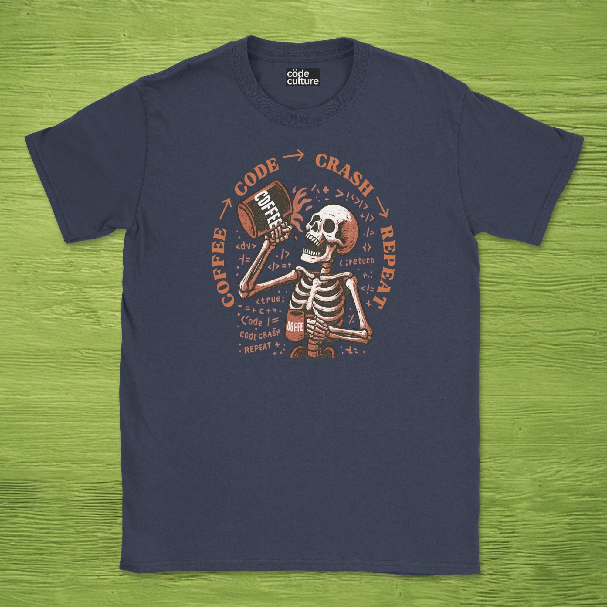 coffee code crash repeat skeleton shirt