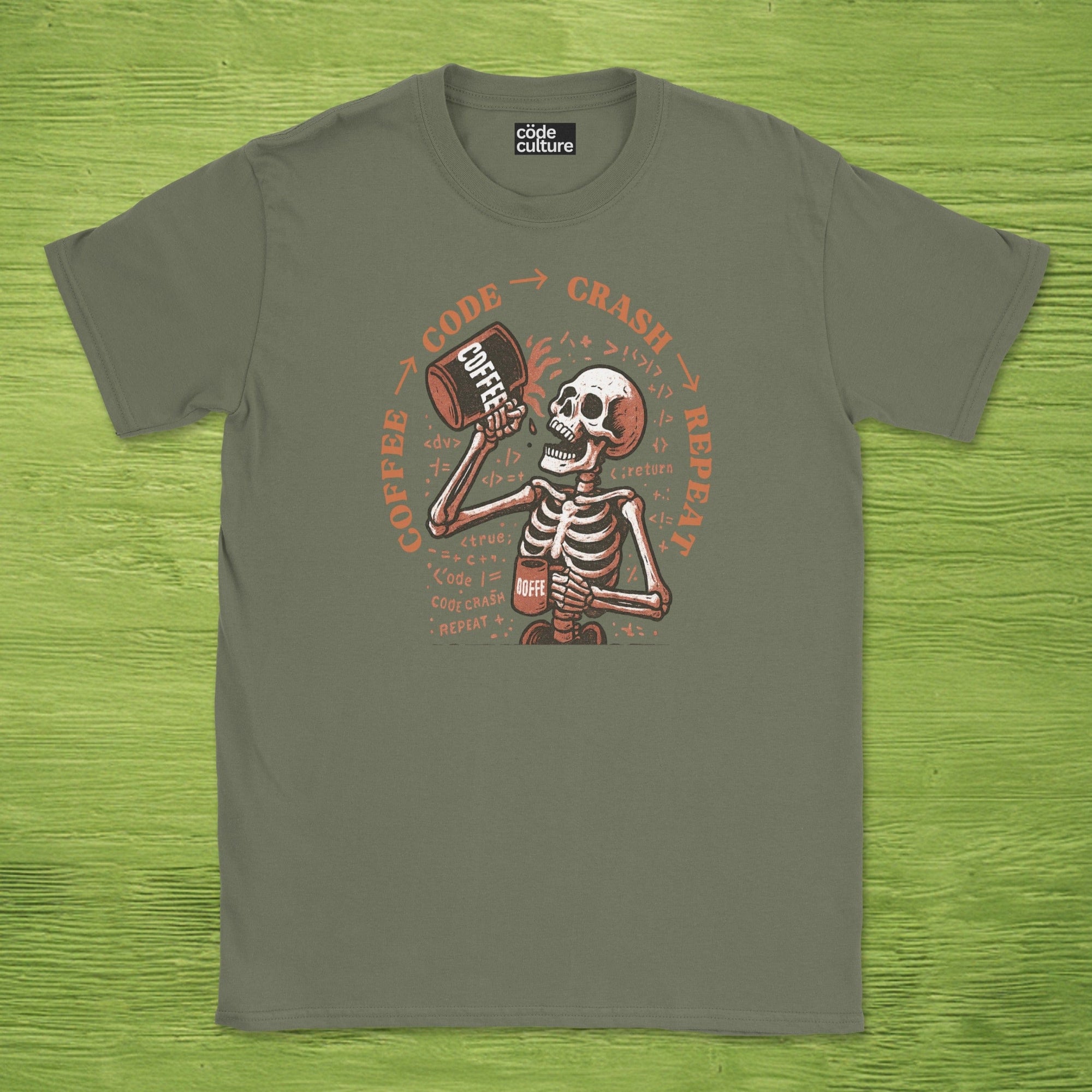 coffee code crash repeat skeleton shirt
