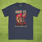 Code Culture ship it. let god sort it out. skeleton shirt funny programmer T-Shirt in Navy — Code Culture developer clothing