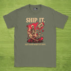 Code Culture ship it. let god sort it out. skeleton shirt funny programmer T-Shirt in Military Green — Code Culture developer clothing