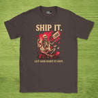 Code Culture ship it. let god sort it out. skeleton shirt funny programmer T-Shirt in Dark Chocolate — Code Culture developer clothing