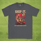 Code Culture ship it. let god sort it out. skeleton shirt funny programmer T-Shirt in Dark Heather Grey — Code Culture developer clothing