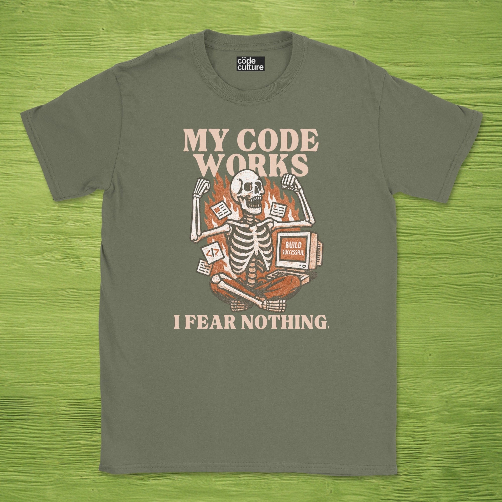 my code works i fear nothing. skeleton shirt