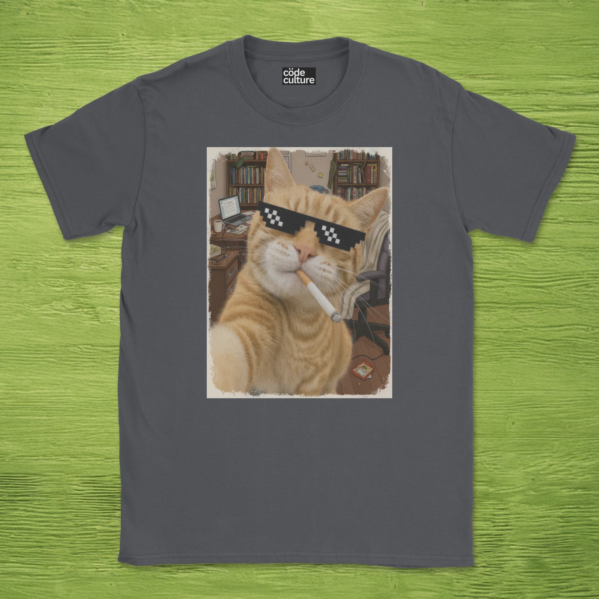 cat smoking with a shades shirt