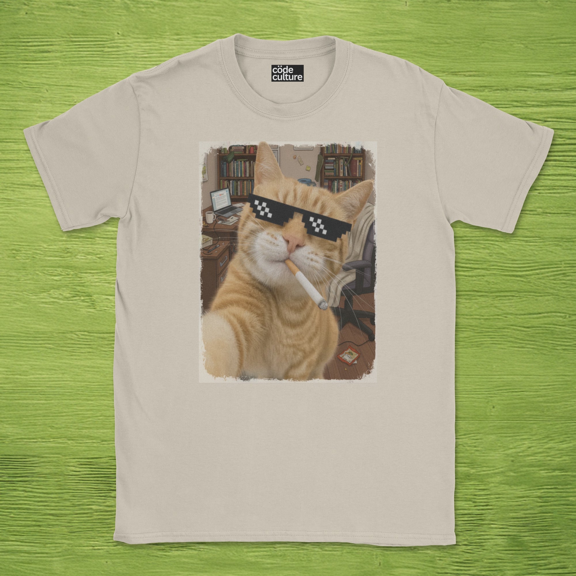 cat smoking with a shades shirt