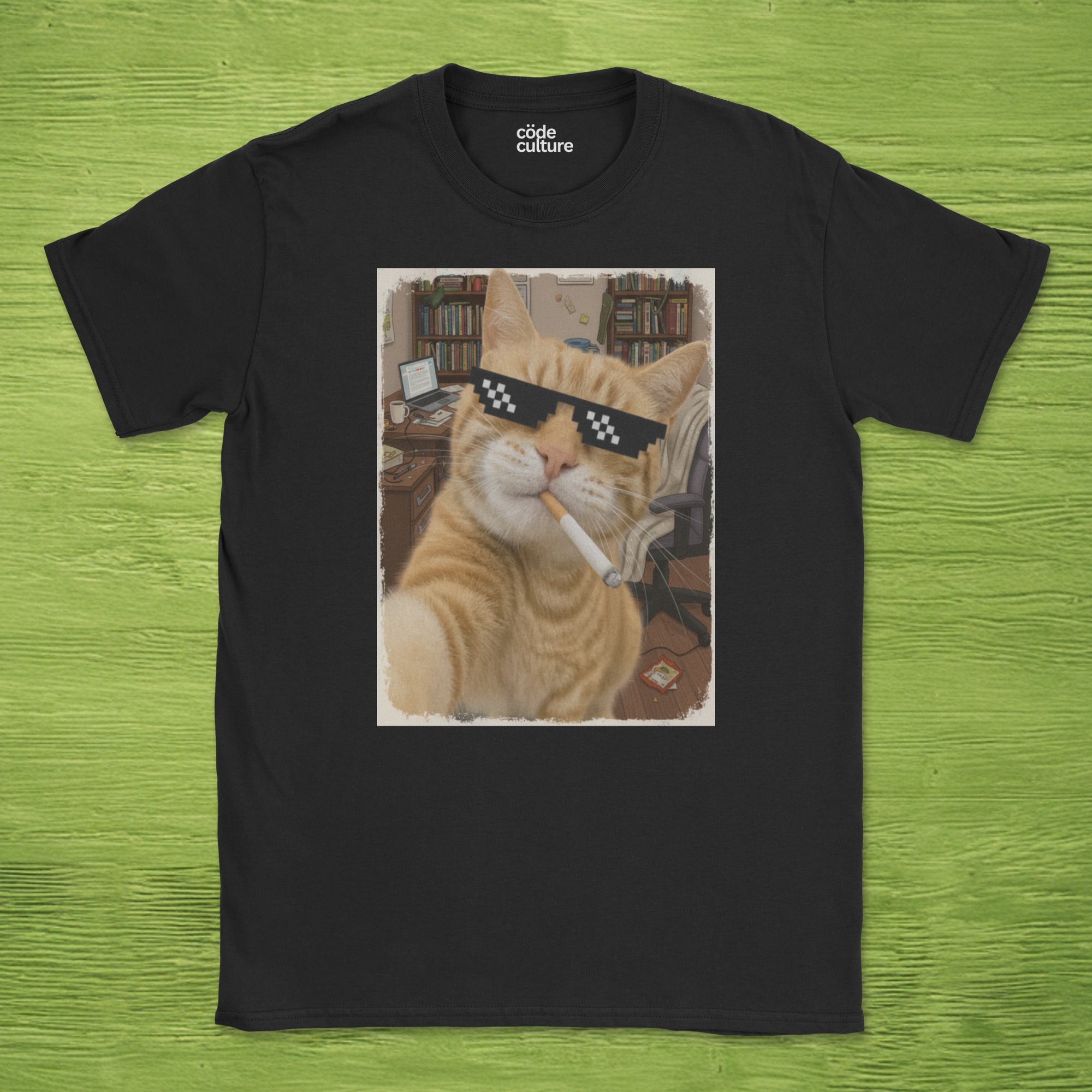 cat smoking with a shades shirt