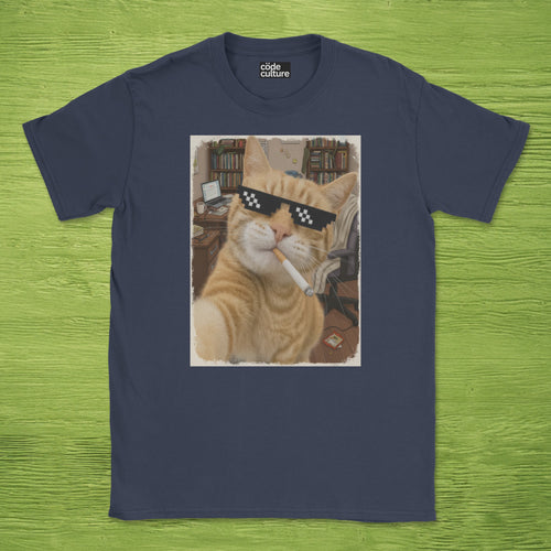 cat smoking with a shades shirt