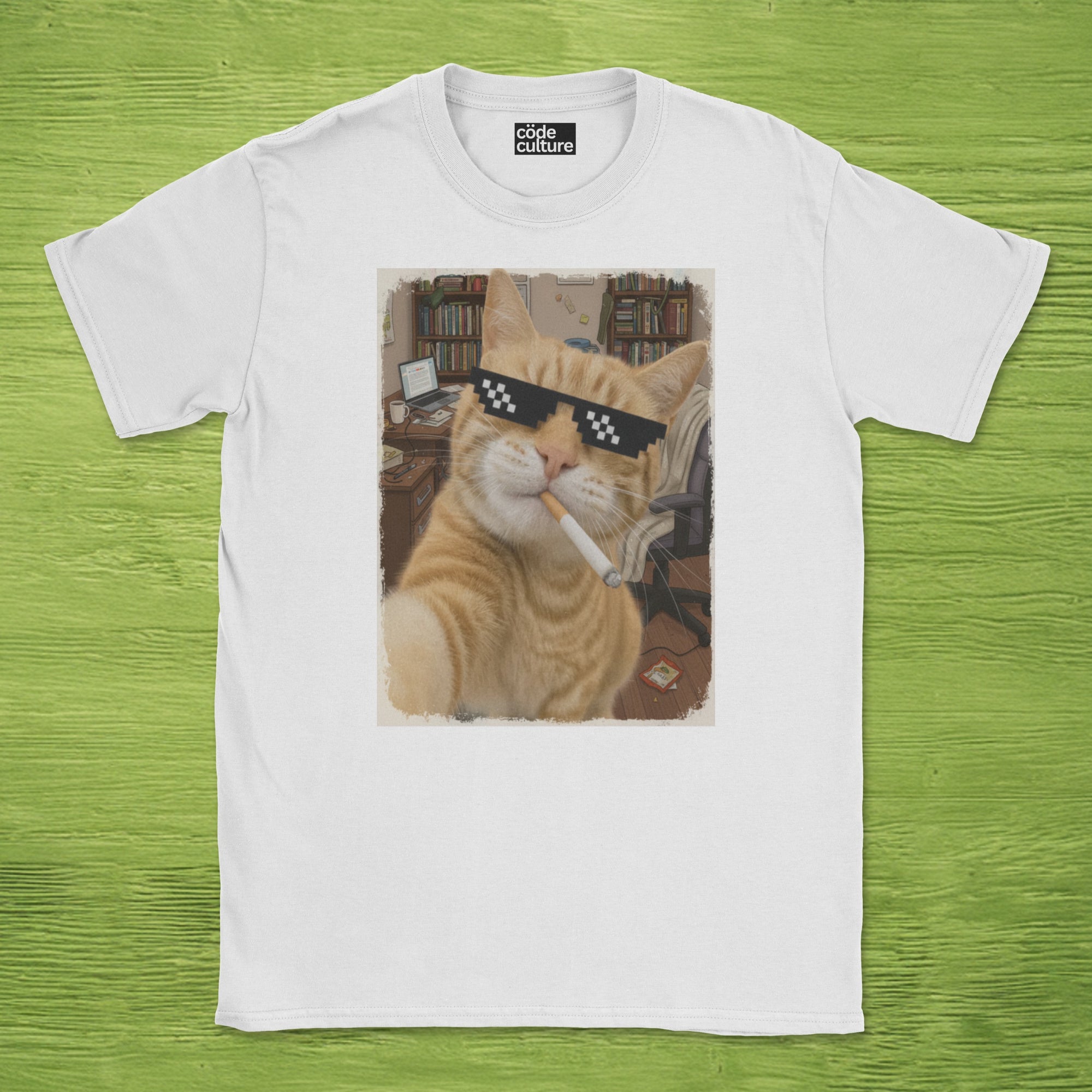 cat smoking with a shades shirt