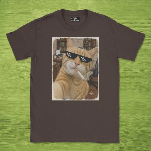 cat smoking with a shades shirt