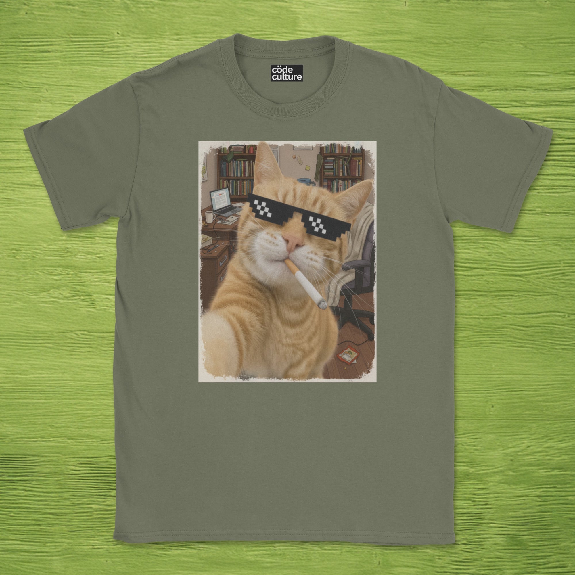 cat smoking with a shades shirt