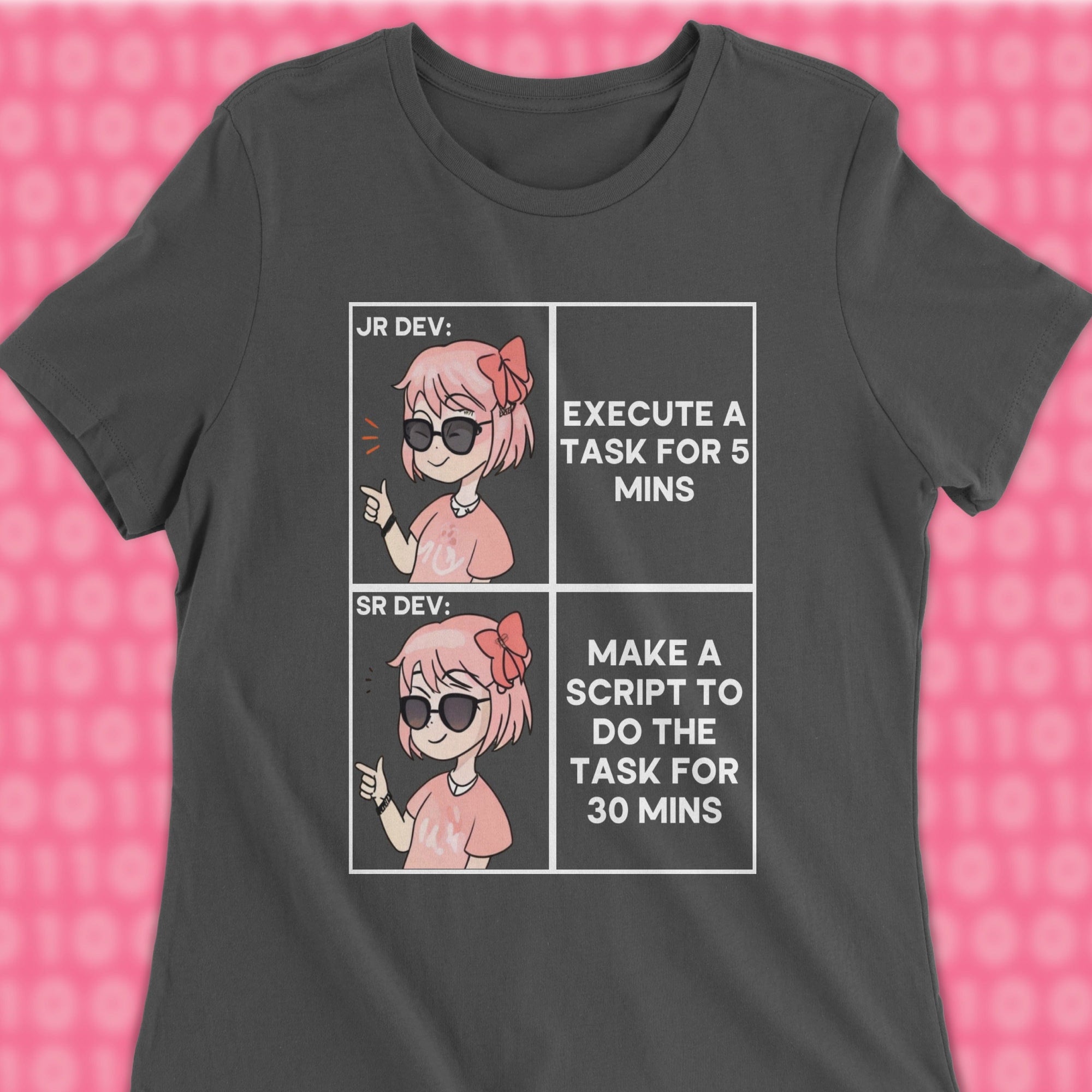 junior dev vs senior dev woman shirt