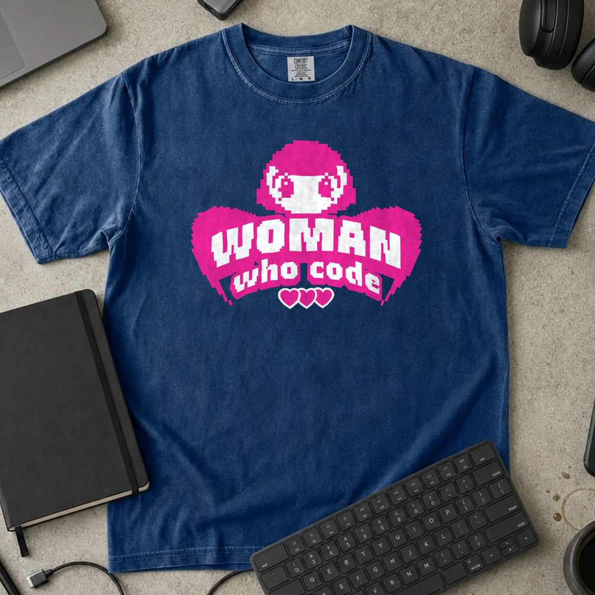 Woman Who Code Pixel Shirt in True Navy, Comfort Colors 1717 tee flat lay