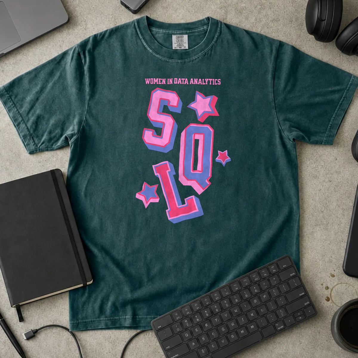 Women in Data Analytics SQL Shirt in Blue Spruce, Comfort Colors 1717 tee flat lay