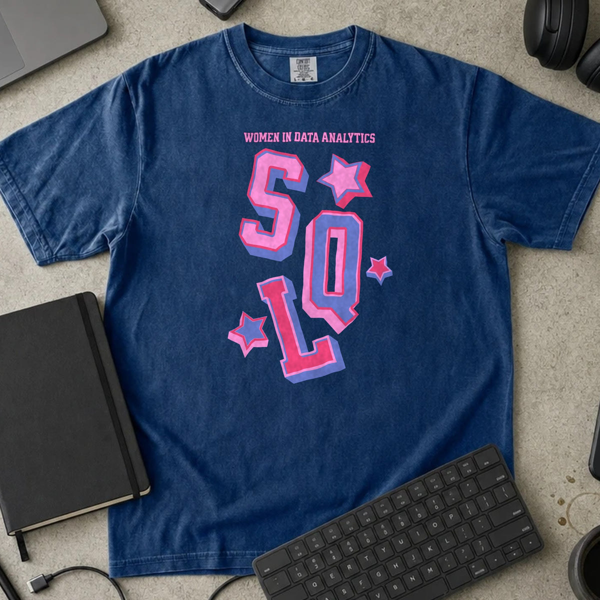Women in Data Analytics SQL Shirt in True Navy, Comfort Colors 1717 tee flat lay