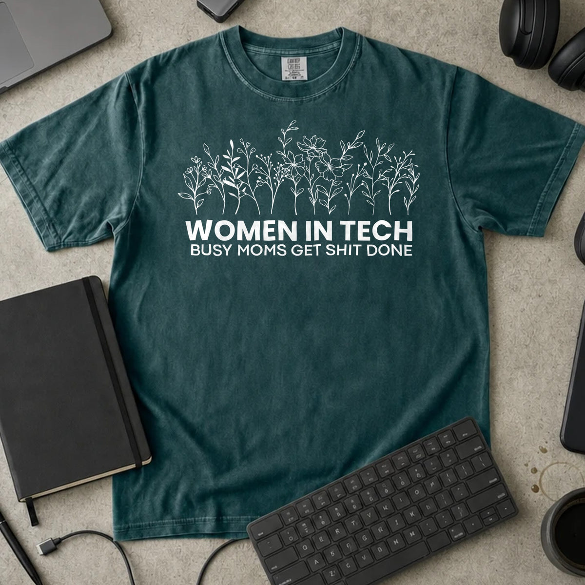Women in Tech Busy Moms Get It Done Shirt in Blue Spruce, Comfort Colors 1717 tee flat lay