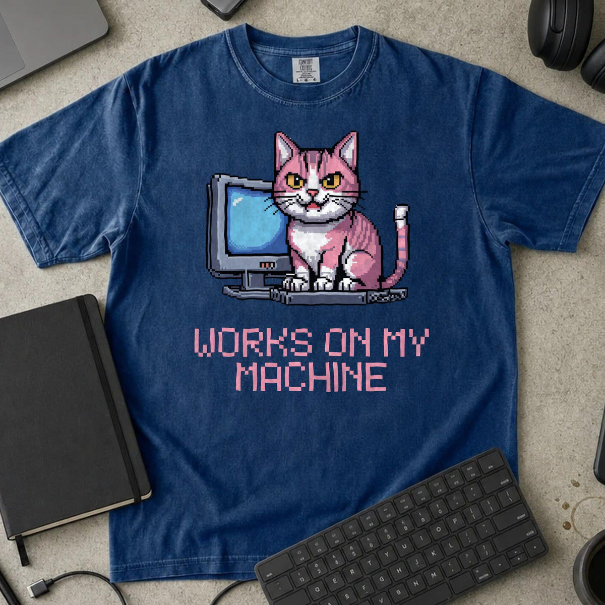 Works on My Machine Pixel Cat Shirt in True Navy, Comfort Colors 1717 tee flat lay