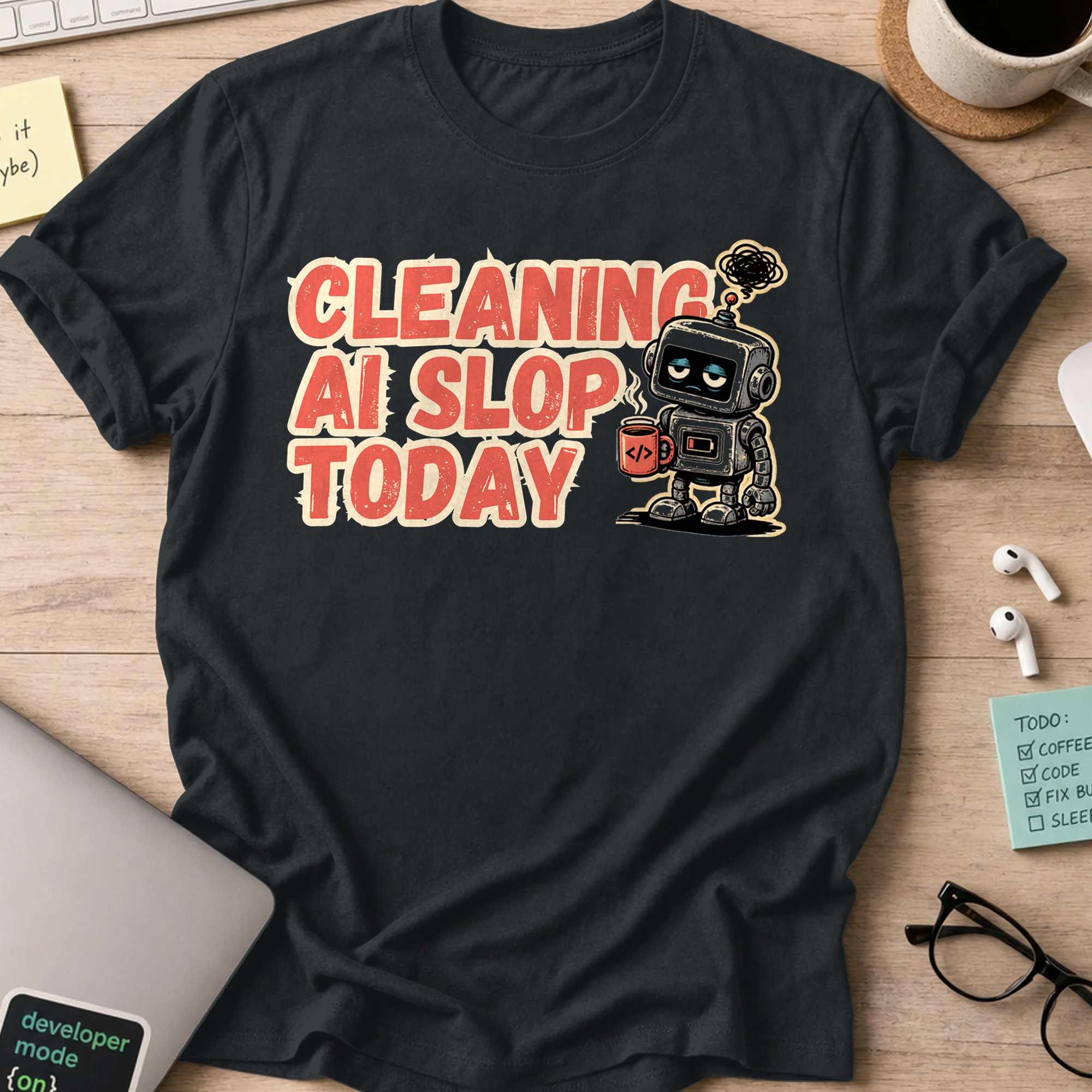 Cleaning AI Slop Today Retro Robot Shirt — Black storefront mockup