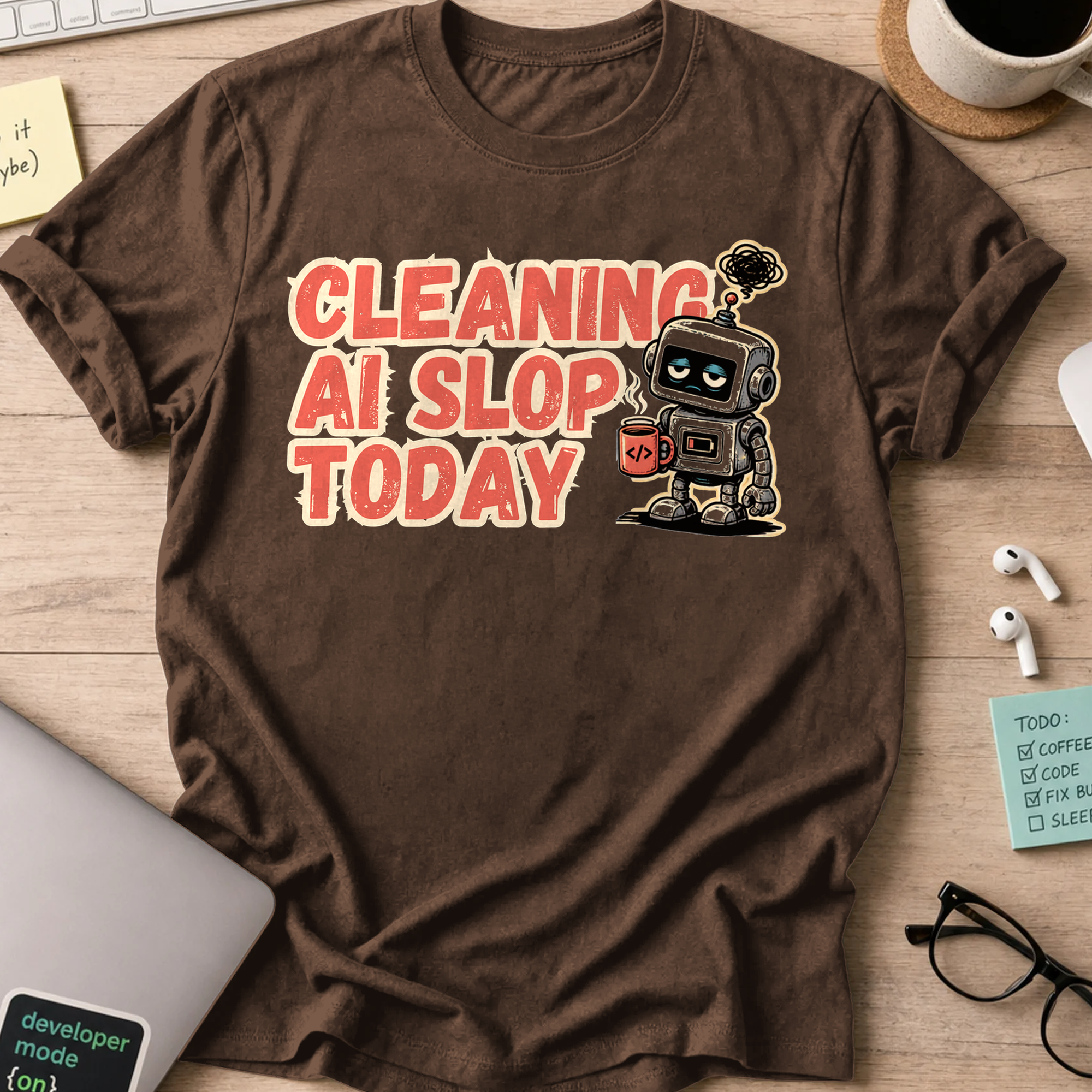 Cleaning AI Slop Today Retro Robot Shirt — Dark Chocolate storefront mockup