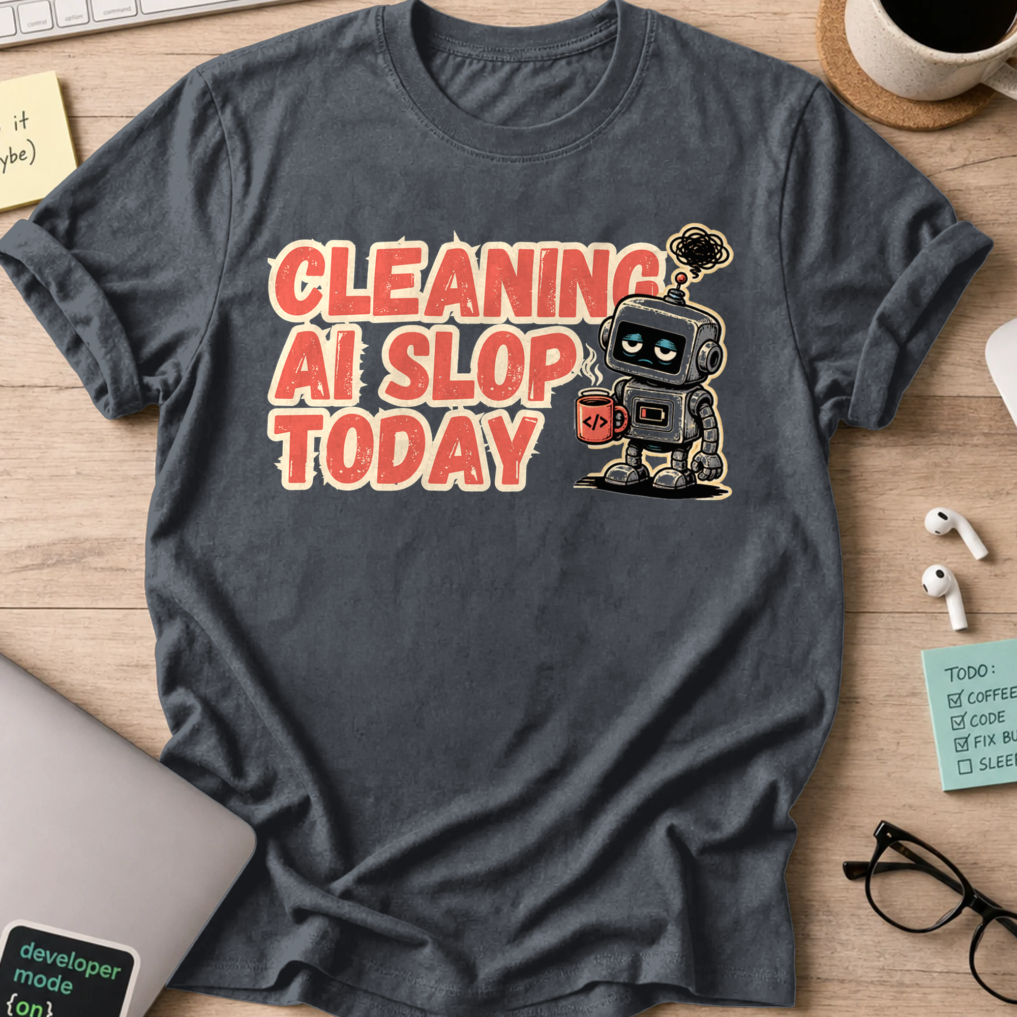 Cleaning AI Slop Today Retro Robot Shirt — Dark Heather storefront mockup