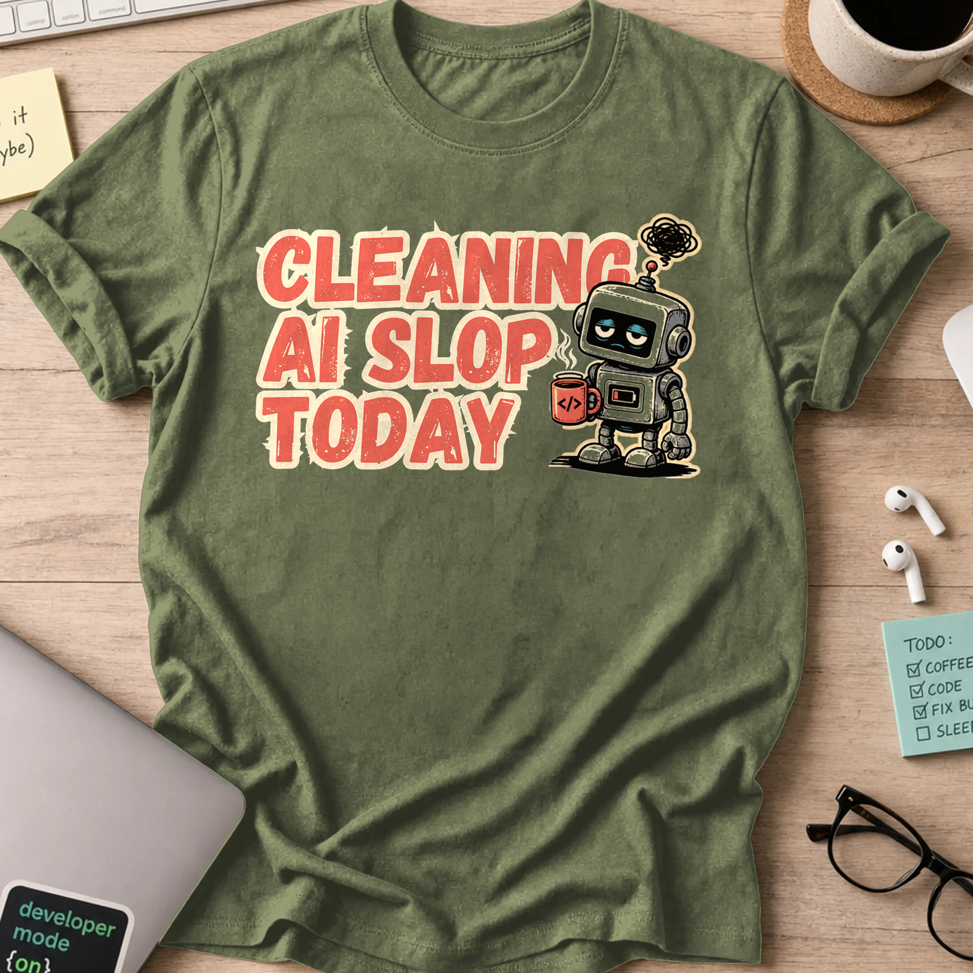 Cleaning AI Slop Today Retro Robot Shirt — Military Green storefront mockup