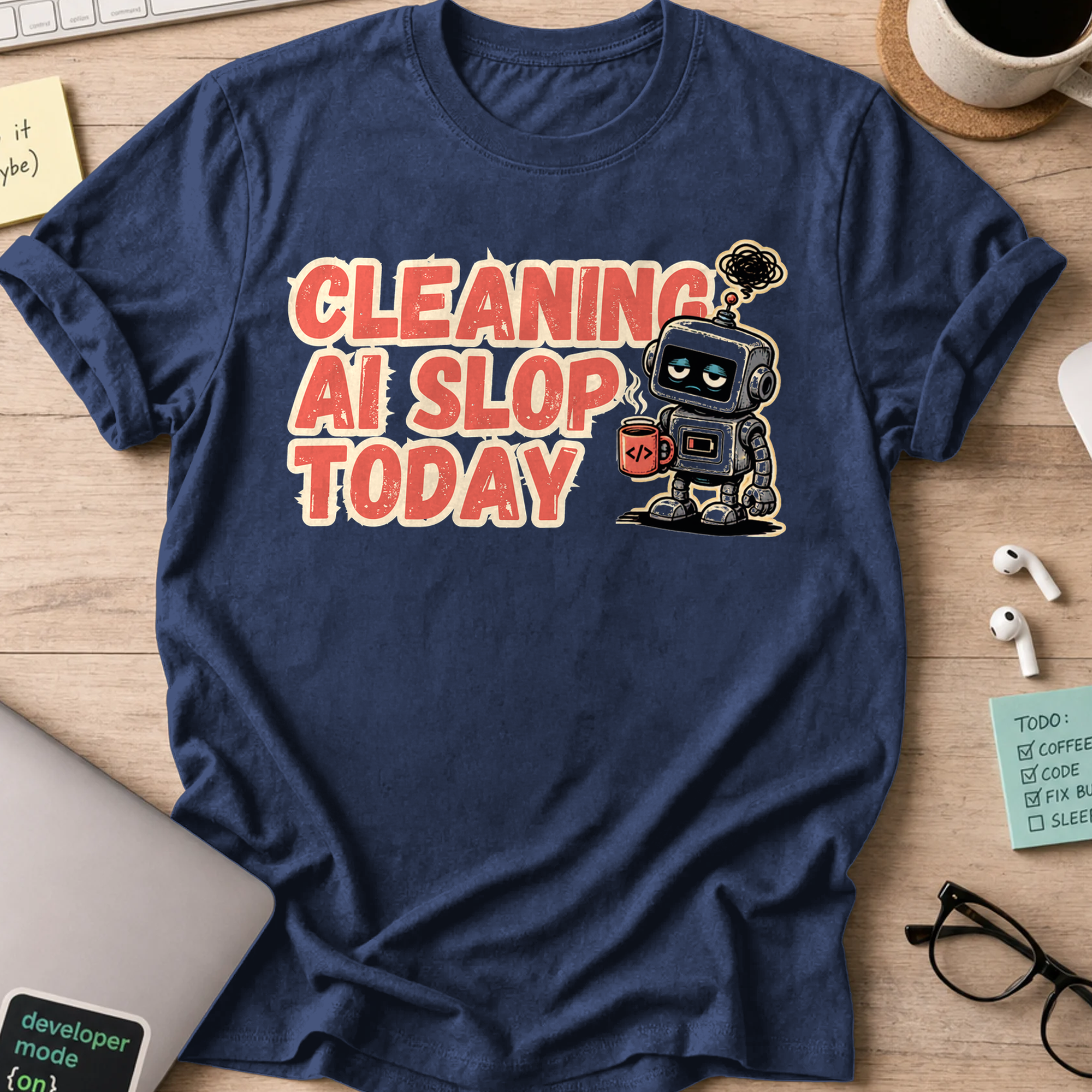 Cleaning AI Slop Today Retro Robot Shirt — Navy storefront mockup