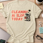 Cleaning AI Slop Today Retro Robot Shirt — Natural storefront mockup