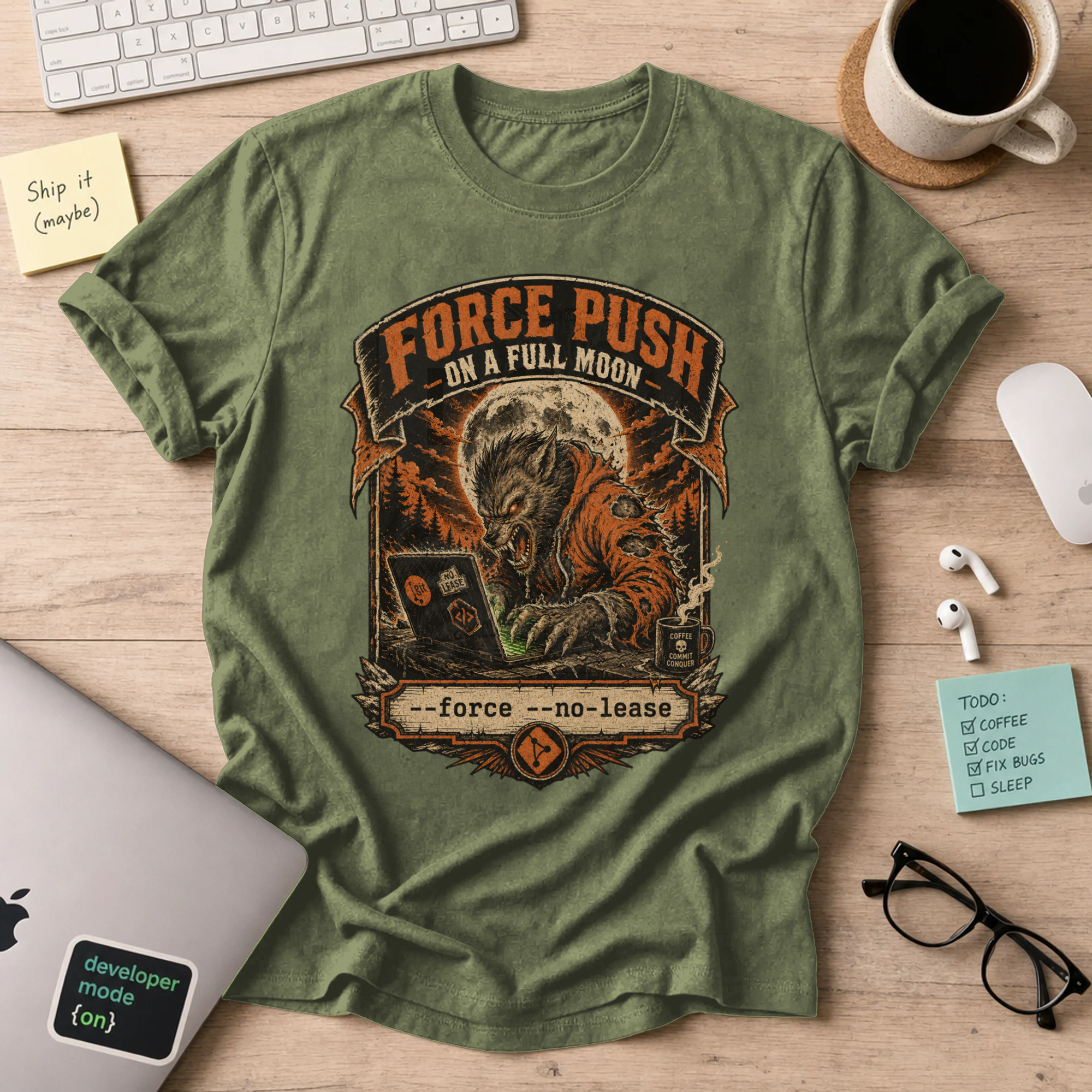 Force Push on a Full Moon Shirt — Military Green