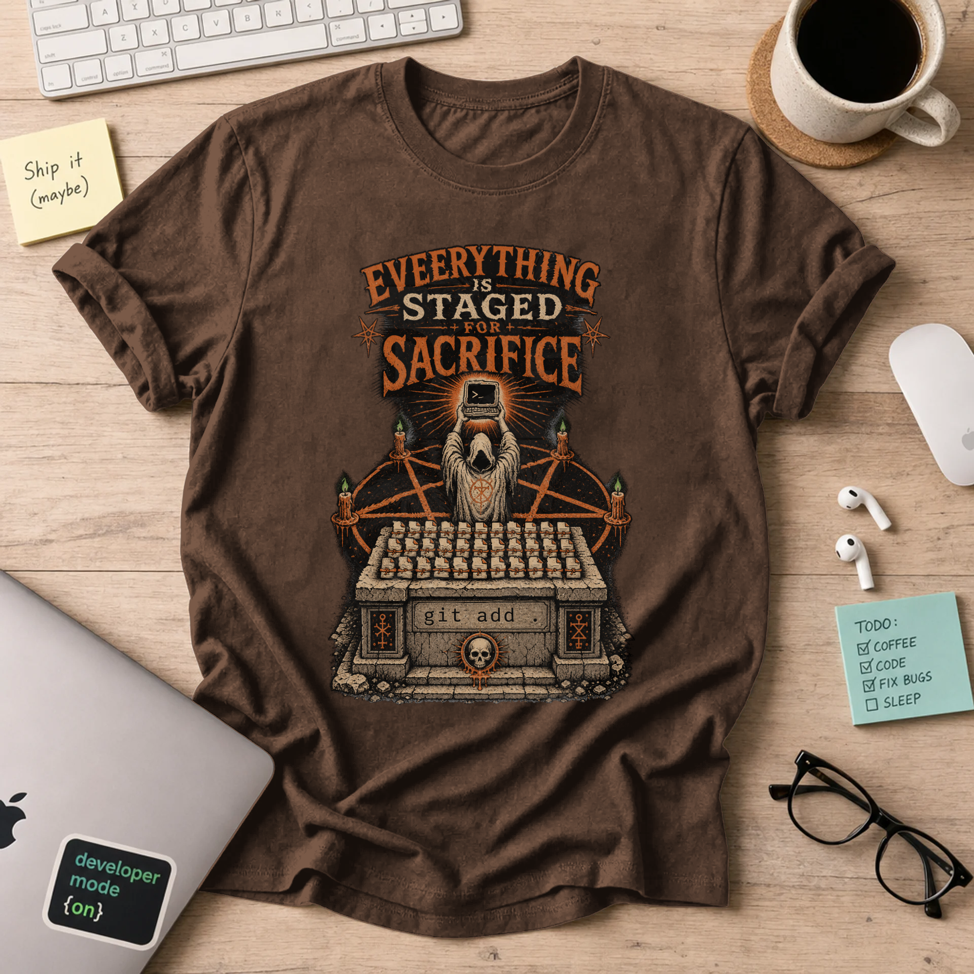Everything Is Staged for Sacrifice: Terminal Altar Shirt — Dark Chocolate
