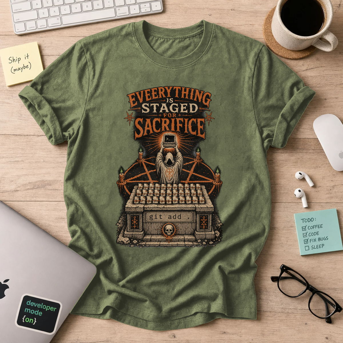Everything Is Staged for Sacrifice: Terminal Altar Shirt — Military Green