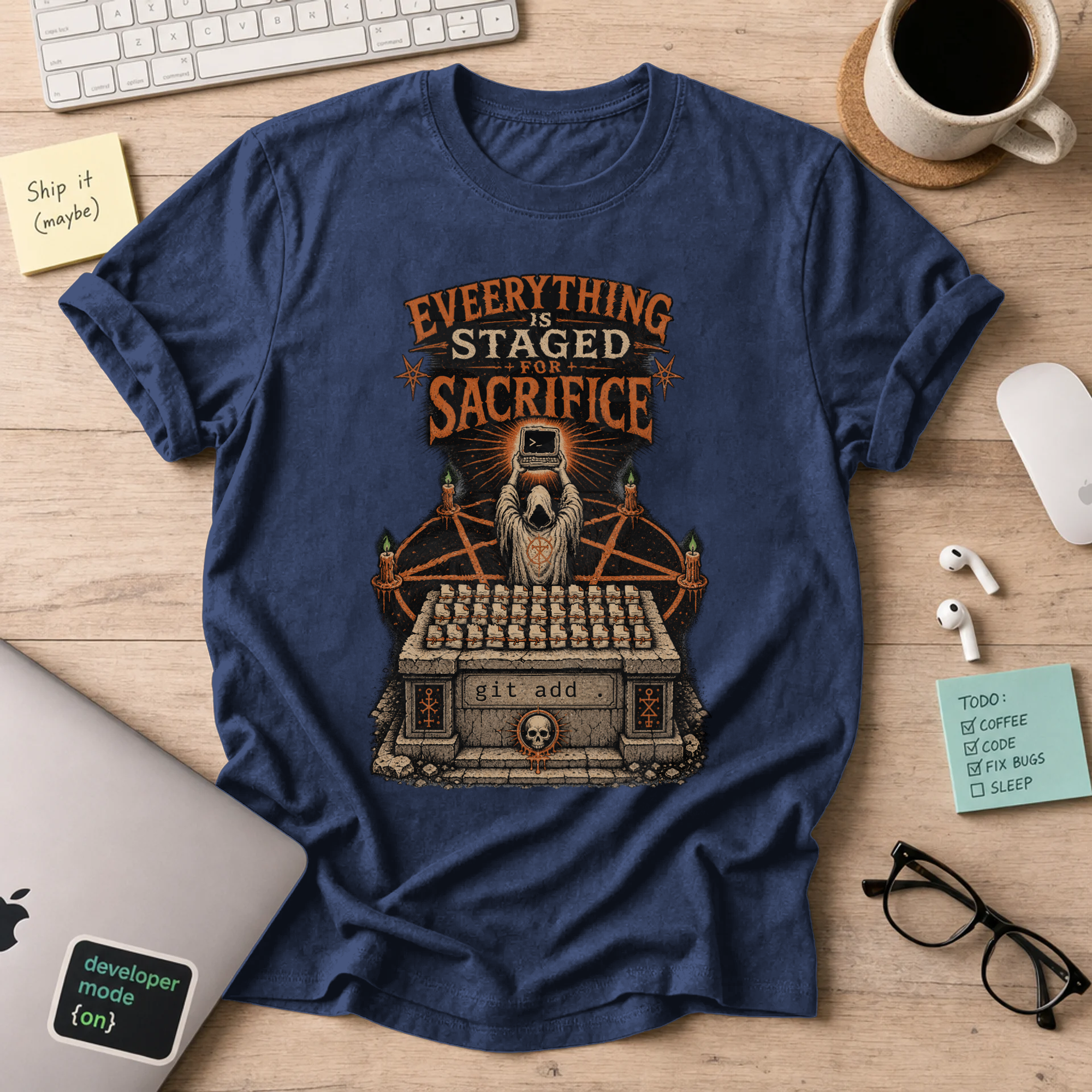Everything Is Staged for Sacrifice: Terminal Altar Shirt — Navy